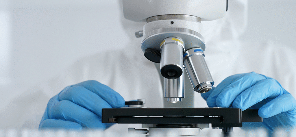 Forskare i steril labbmiljö som justerar prov under mikroskop, illustrerar noggrann övervakning och validering i SIP-processer för stabil och säker sterilitet.