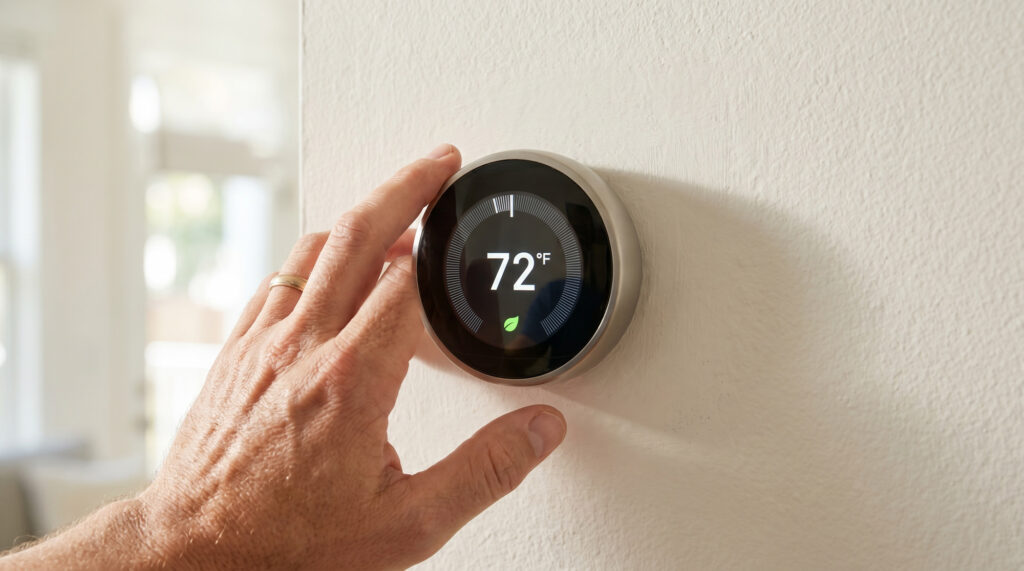 Person justerar en rund smart termostat som visar 72 grader F på en vit vägg.