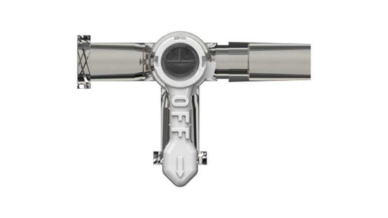 High flow shut-off valve, 3-way, Luer female to Luer female to glueable sleeve, large inner diameter