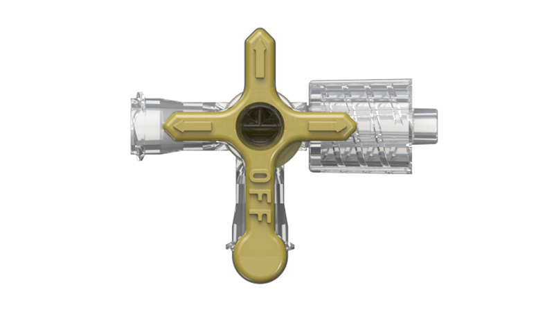 High pressure shut-off valve, 3-way, 80369-7 compatible, Luer female to Luer female to Luer male with Luer lock ring