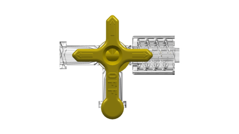 High pressure shut-off valve, 500 psi, 3-way, Luer female to Luer female to Luer male with Luer lock ring