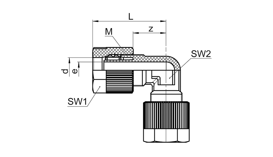 90° Union Fitting in PVDF - Drawing