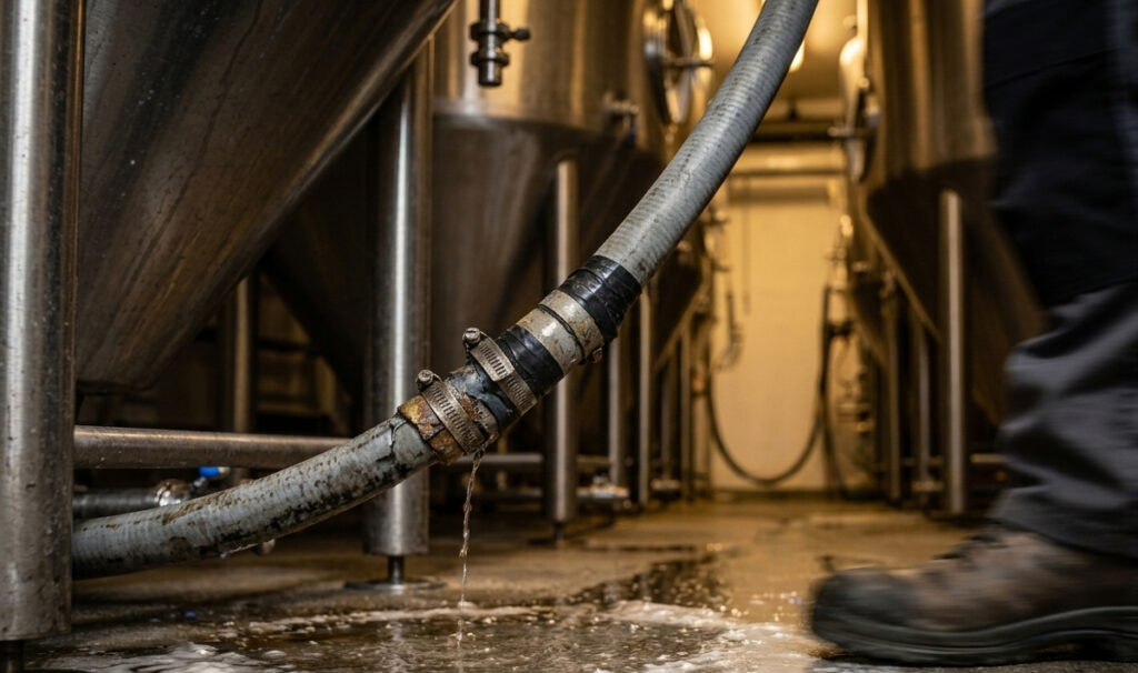 Sliten och läckande slang med slangklämmor på ett mikrobryggeri vilket skapar hygienrisk och produktionsstopp.